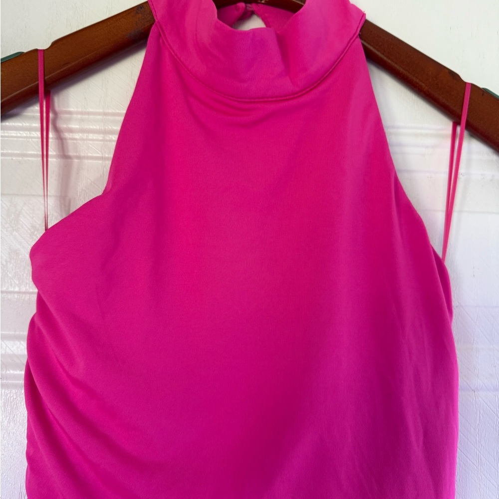 2 for $15 sale: nwt superdown Mallory halter hot pink ruched bodycon midi dress - Picture 4 of 7